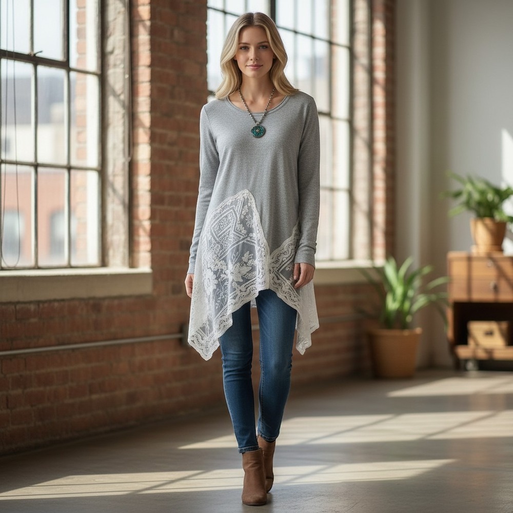 Mystree Tunic Sweater Womens M Grey Lace Handkerchief‎ Hem Boho Romantic